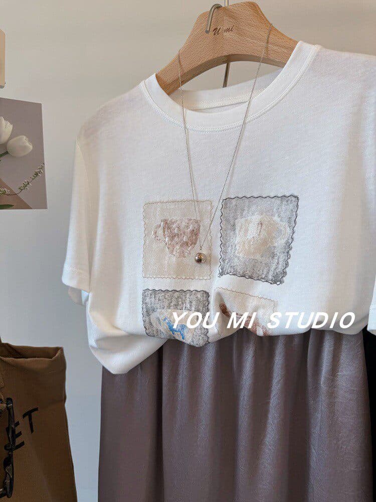 한 부서 여름 새로운 루즈핏 다용도 chic 프린트 반팔 티셔츠 슬림해 보이는 캐주얼 느긋한 편안함 연령 감소 맨위 상세 이미지 16