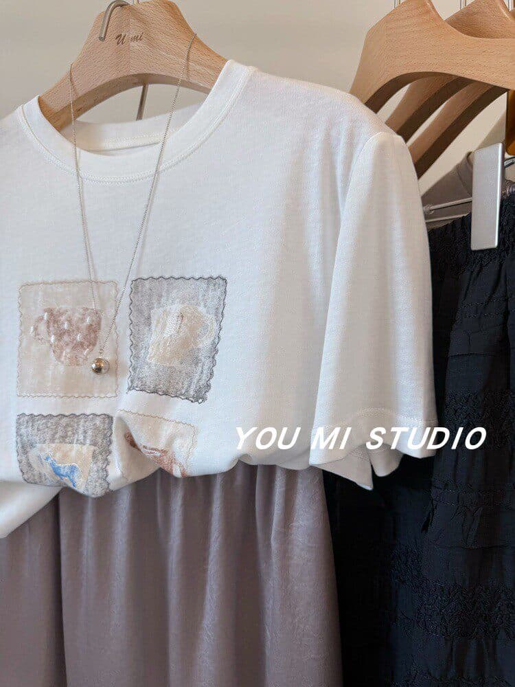 한 부서 여름 새로운 루즈핏 다용도 chic 프린트 반팔 티셔츠 슬림해 보이는 캐주얼 느긋한 편안함 연령 감소 맨위 상세 이미지 17