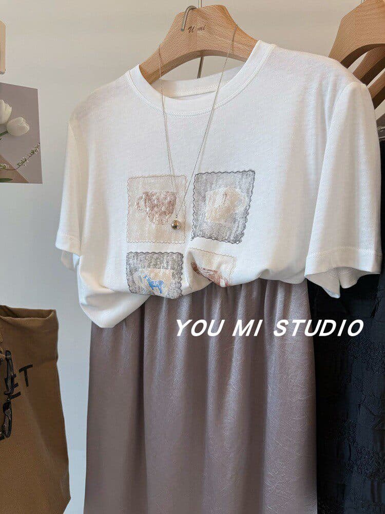 한 부서 여름 새로운 루즈핏 다용도 chic 프린트 반팔 티셔츠 슬림해 보이는 캐주얼 느긋한 편안함 연령 감소 맨위 상세 이미지 18