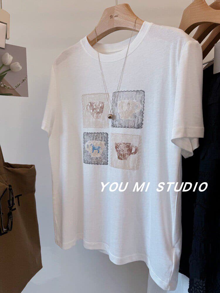 한 부서 여름 새로운 루즈핏 다용도 chic 프린트 반팔 티셔츠 슬림해 보이는 캐주얼 느긋한 편안함 연령 감소 맨위 상세 이미지 24