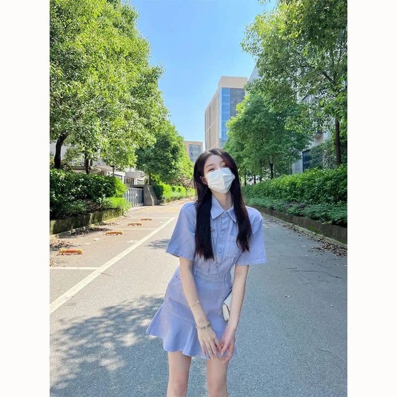프로방스 인어 꼬리 파란색 데님 드레스 새로운 여름 작은 대중 디자인 고급 센스 작은 키 부드러운 바람 이미지 4