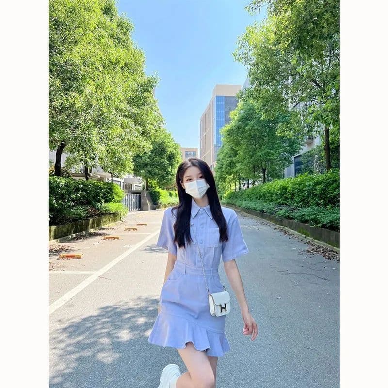 프로방스 인어 꼬리 파란색 데님 드레스 새로운 여름 작은 대중 디자인 고급 센스 작은 키 부드러운 바람 이미지 2