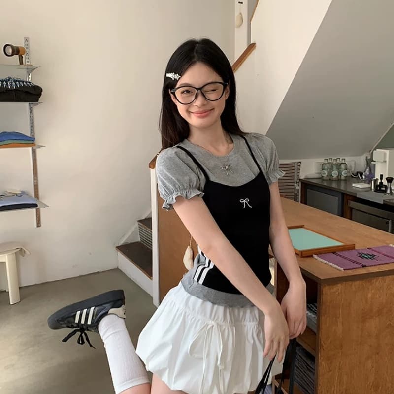 사람들 면 260 그램 페이크 레이어드 버블 반팔 티셔츠 여성 여름 몸매 가꾸기 새로운 슬림해 보이는 스택 착용 품격 핫걸 맨위 이미지 2