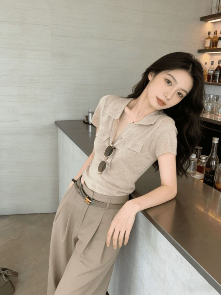 오래된 돈 바람 POLO 칼라 긍정적 인 어깨 반팔 티셔츠 여성 여름 고급 센스 몸매 가꾸기 쇼트 스타일 니트 스웨터 폴로 칼라 맨위 얇은 상세 이미지 13