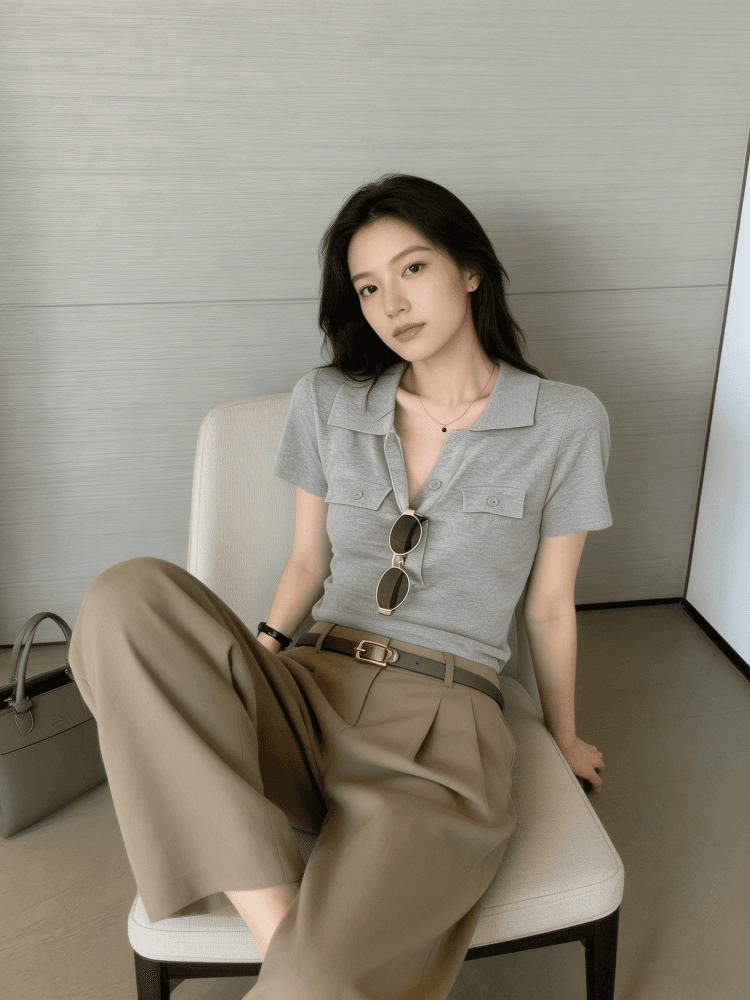 오래된 돈 바람 POLO 칼라 긍정적 인 어깨 반팔 티셔츠 여성 여름 고급 센스 몸매 가꾸기 쇼트 스타일 니트 스웨터 폴로 칼라 맨위 얇은 상세 이미지 18