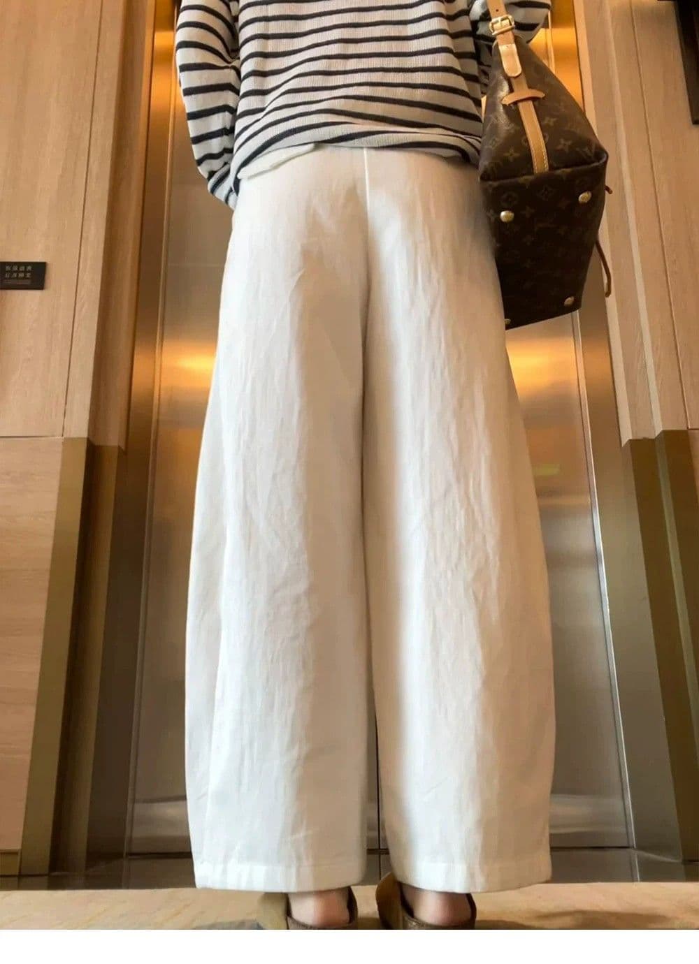 면 린넨 와이드 레깅스 바지 여름 얇은 스타일 통통한 여동생 mm 느긋한 바람 하이웨이스트 루즈핏 모통이 칼 바지 캐주얼 9부 바지 여성 상세 이미지 3