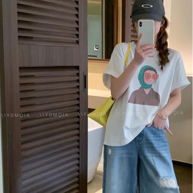 경관 그림 21 순면 210 그램 이후 패키지 칼라 여름 드레스 한 부서 반팔 티셔츠 여성 한국 스타일 루즈핏 빅 사이즈 프린트 이미지 3