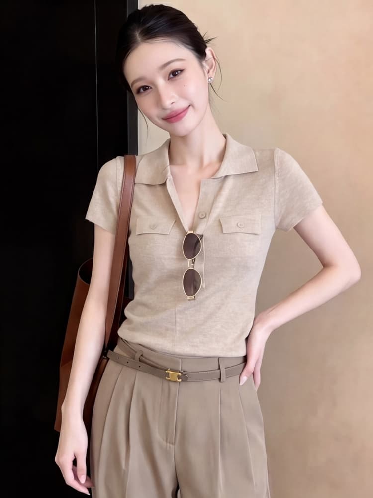 오래된 돈 바람 POLO 칼라 긍정적 인 어깨 반팔 티셔츠 여성 여름 고급 센스 몸매 가꾸기 쇼트 스타일 니트 스웨터 폴로 칼라 맨위 얇은 상세 이미지 2