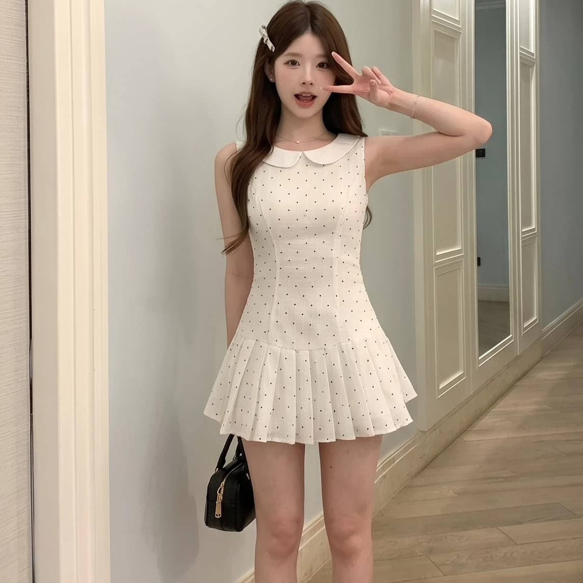 화이트 베이비 칼라 도트 무늬 민소매 여성 드레스 여름 2026 새로운 프랑스식 첫사랑 달콤함 작은 키 미니 스커트 이미지 5