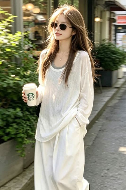 주간 실크 리브 빅 사이즈 루즈핏 느긋한 바람 긴팔 티셔츠 여성 여름 새로운 블라우스 코디 투피스 조끼 이미지 6