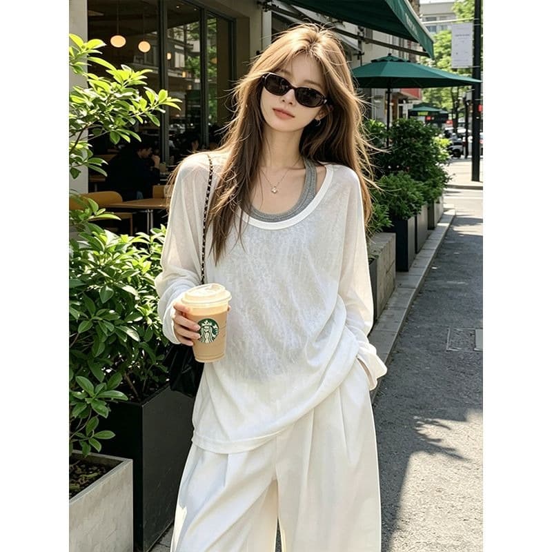 주간 실크 리브 빅 사이즈 루즈핏 느긋한 바람 긴팔 티셔츠 여성 여름 새로운 블라우스 코디 투피스 조끼 이미지 5