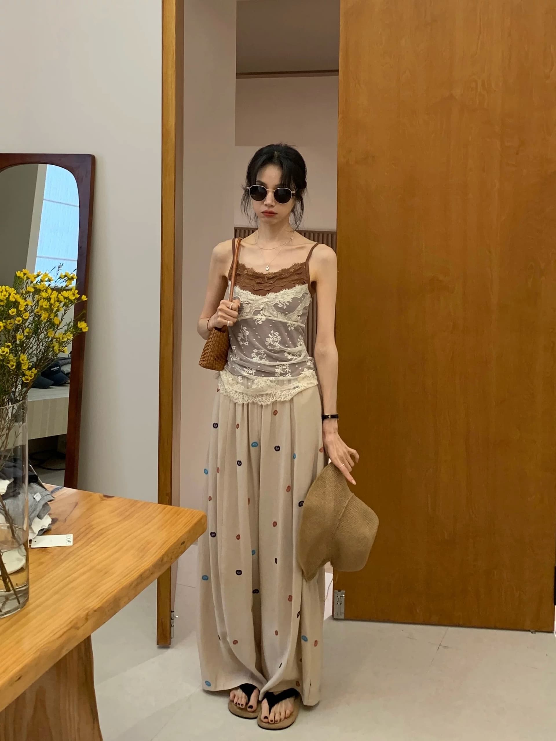 brivin 어둠 주황색 리본 가슴 패드 프랑스식 레이스 조끼 슬립 여성 봄 새로운 배색 페이크 레이어드 슬림해 보이는 작은 셔츠 이미지 2