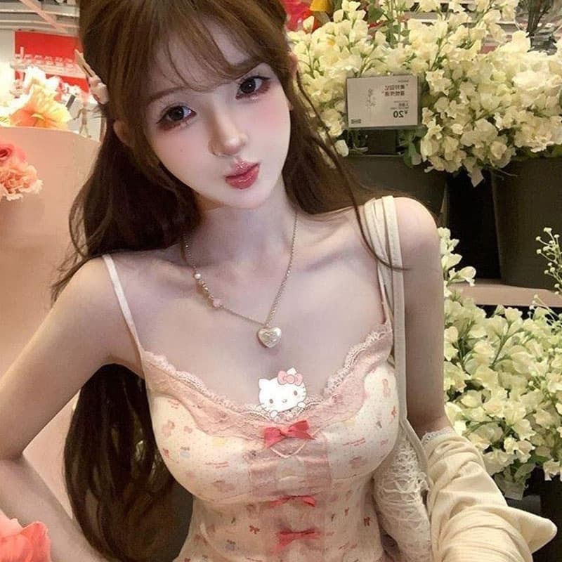 원본 품질 달콤함 레이스 측면 캐미솔 여름 나비 매듭 쇼트 스타일 몸매 가꾸기 기본 셔츠 상세 이미지 2