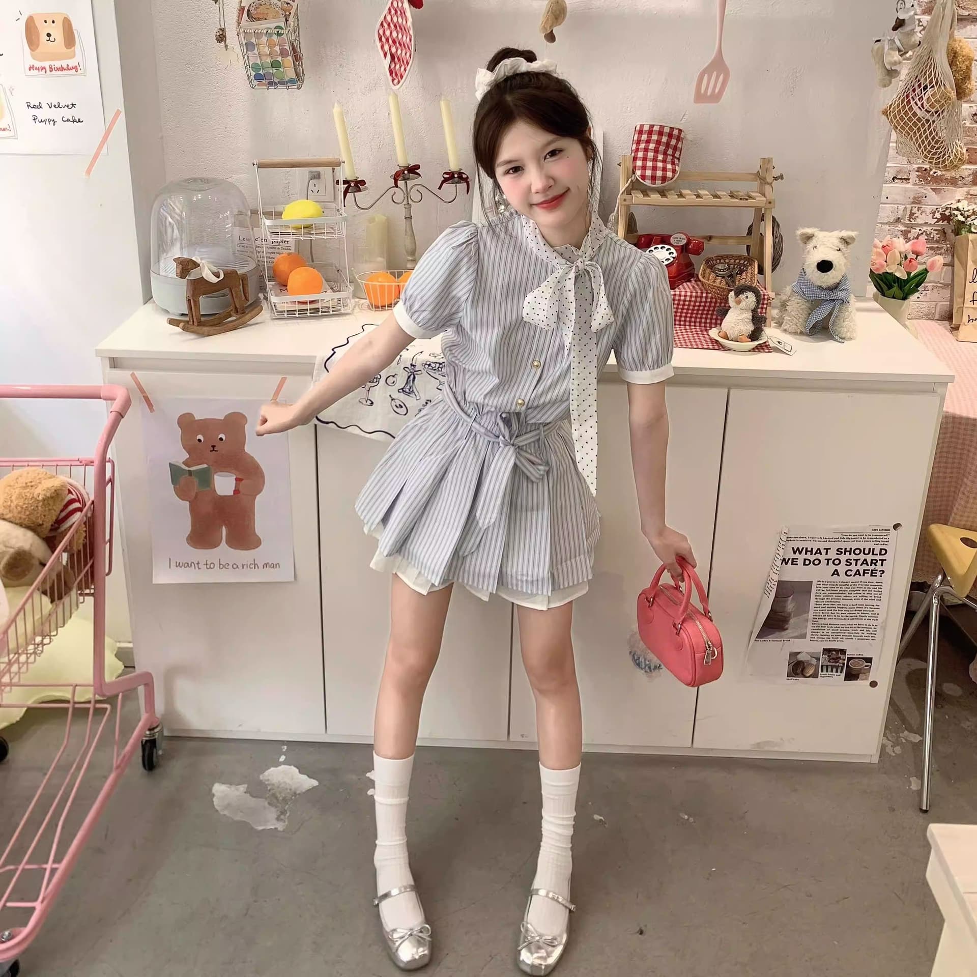 한 부서 학원 스타일 블루 화이트 스트라이프 셔츠 여성 드레스 여름 자이언트 잘 생긴 miu 부서 나비 매듭 허리 수축 치마 이미지 4