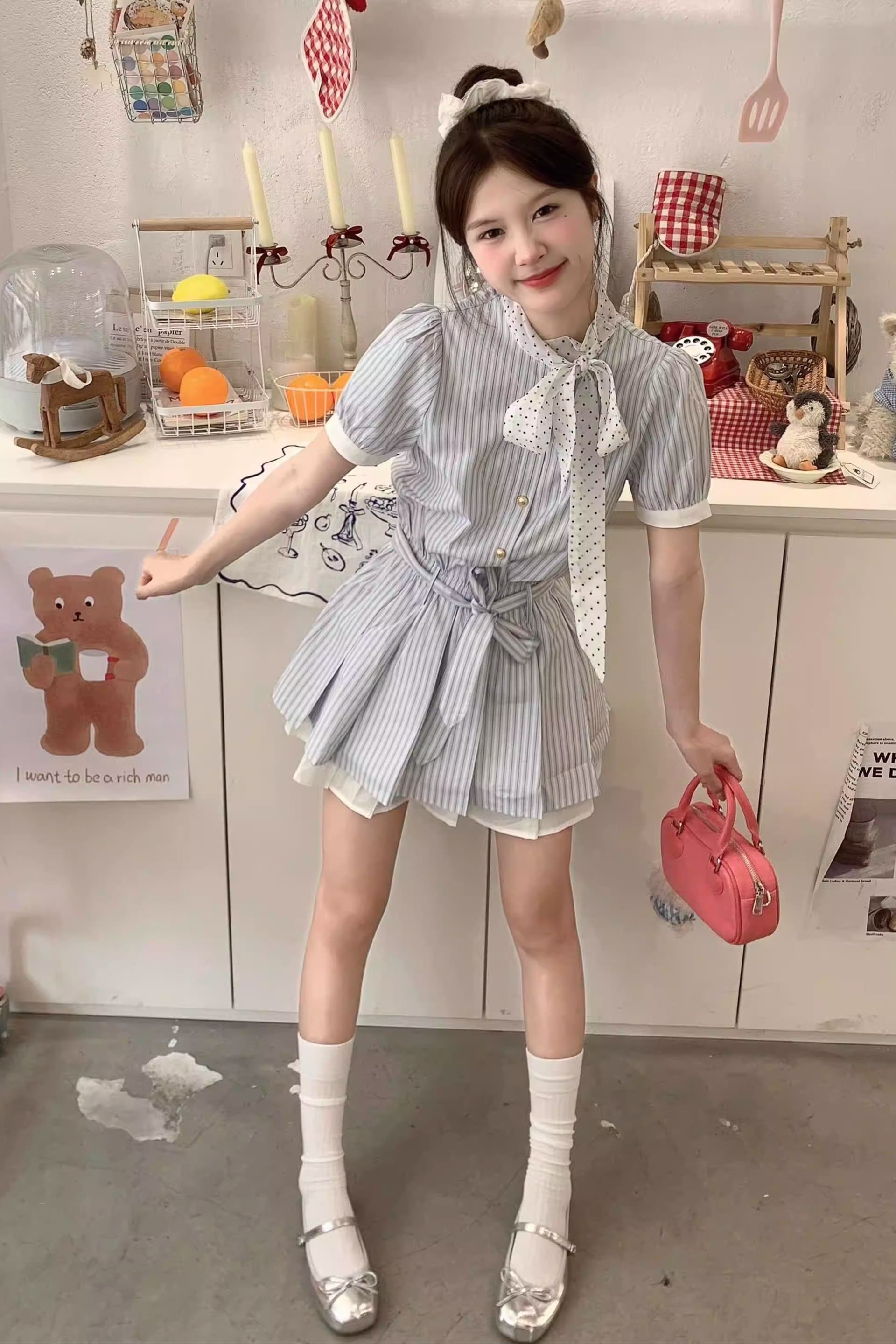 한 부서 학원 스타일 블루 화이트 스트라이프 셔츠 여성 드레스 여름 자이언트 잘 생긴 miu 부서 나비 매듭 허리 수축 치마 이미지 6