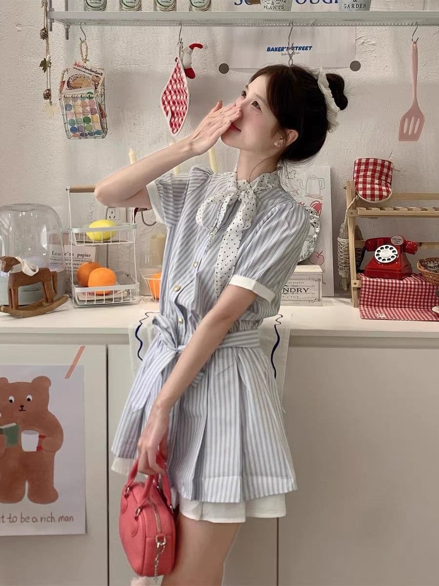 한 부서 학원 스타일 블루 화이트 스트라이프 셔츠 여성 드레스 여름 자이언트 잘 생긴 miu 부서 나비 매듭 허리 수축 치마 상세 이미지 1