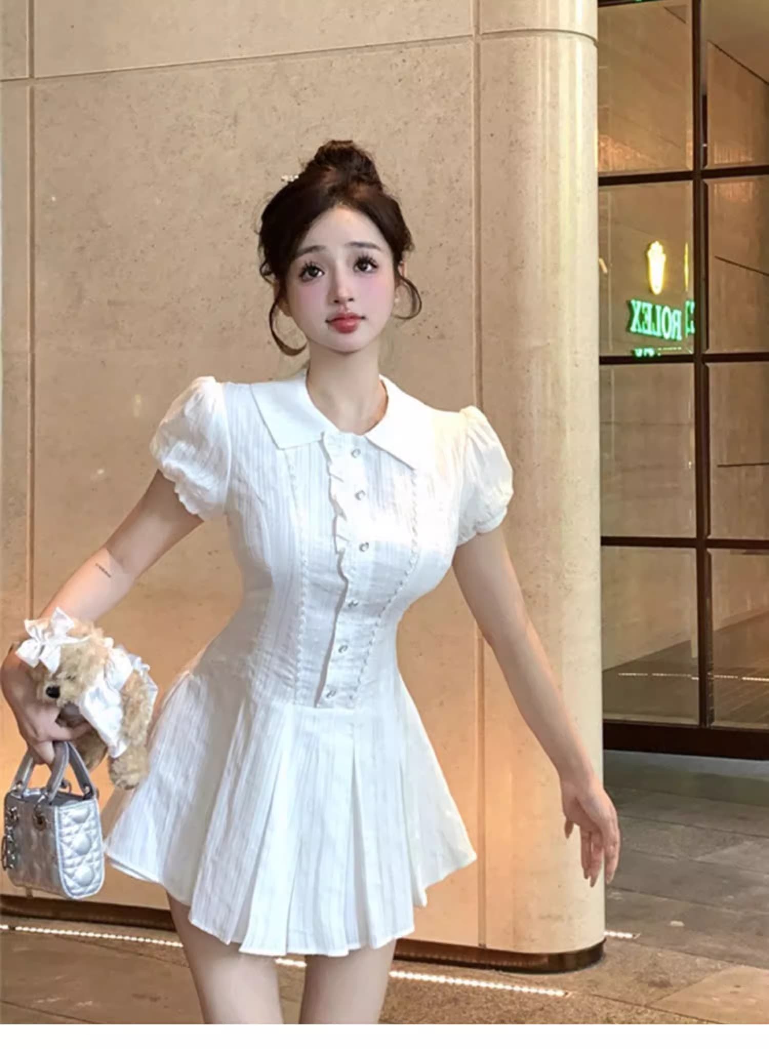 프랑스식 부드러운 바람 화이트 반팔 셔츠 여성 드레스 여름 학원 스타일 허리 수축 슬림해 보이는 POLO 칼라 A라인 스커트 상세 이미지 9