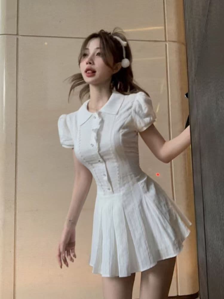 원본 것 달콤함 새로운 품격 셔츠 드레스 여름 허리 수축 작은 키 디자인 폴로 칼라 버블 미니 스커트