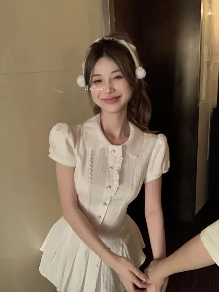 원본 것 달콤함 새로운 품격 셔츠 드레스 여름 허리 수축 작은 키 디자인 폴로 칼라 버블 미니 스커트 이미지 4