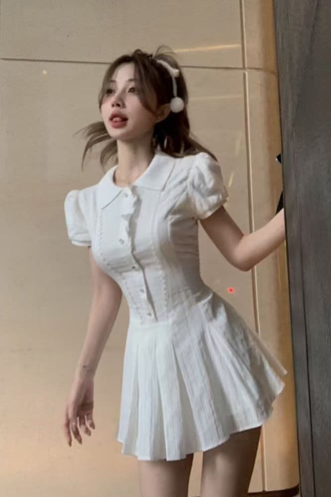 원본 것 달콤함 새로운 품격 셔츠 드레스 여름 허리 수축 작은 키 디자인 폴로 칼라 버블 미니 스커트 이미지 6