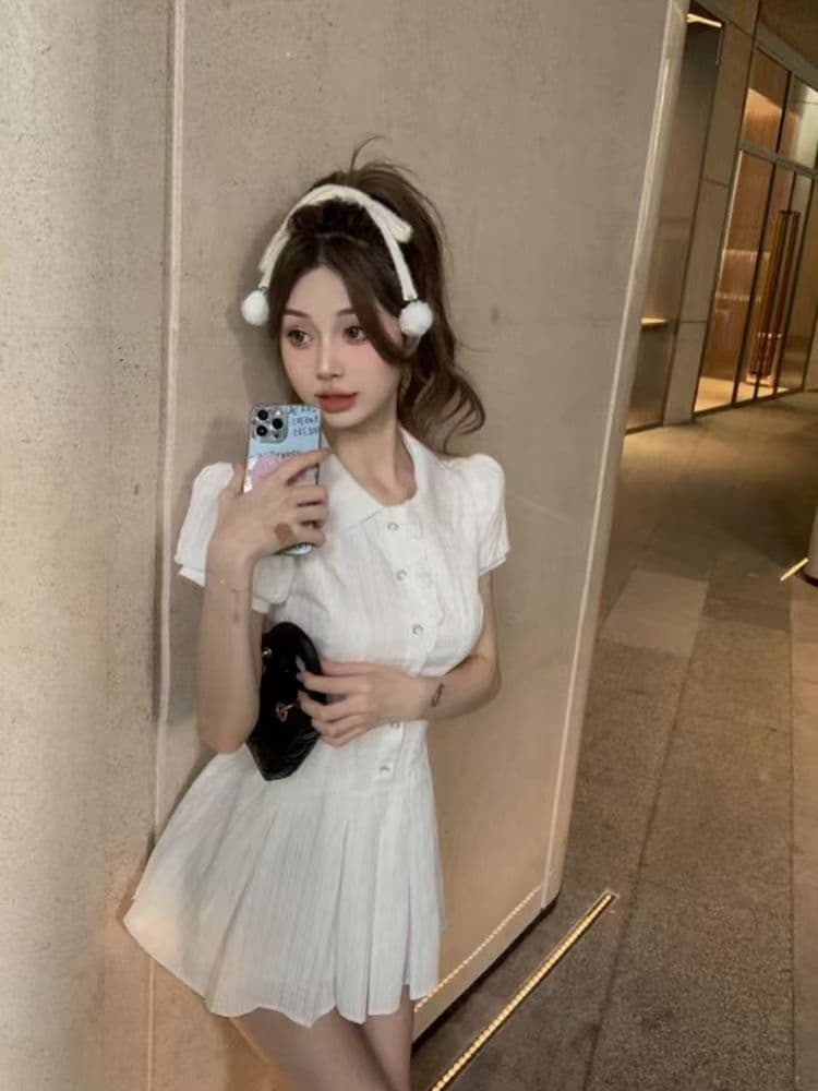 원본 것 달콤함 새로운 품격 셔츠 드레스 여름 허리 수축 작은 키 디자인 폴로 칼라 버블 미니 스커트 상세 이미지 4