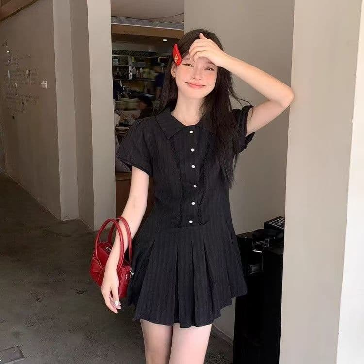원본 것 달콤함 새로운 품격 셔츠 드레스 여름 허리 수축 작은 키 디자인 폴로 칼라 버블 미니 스커트 상세 이미지 6