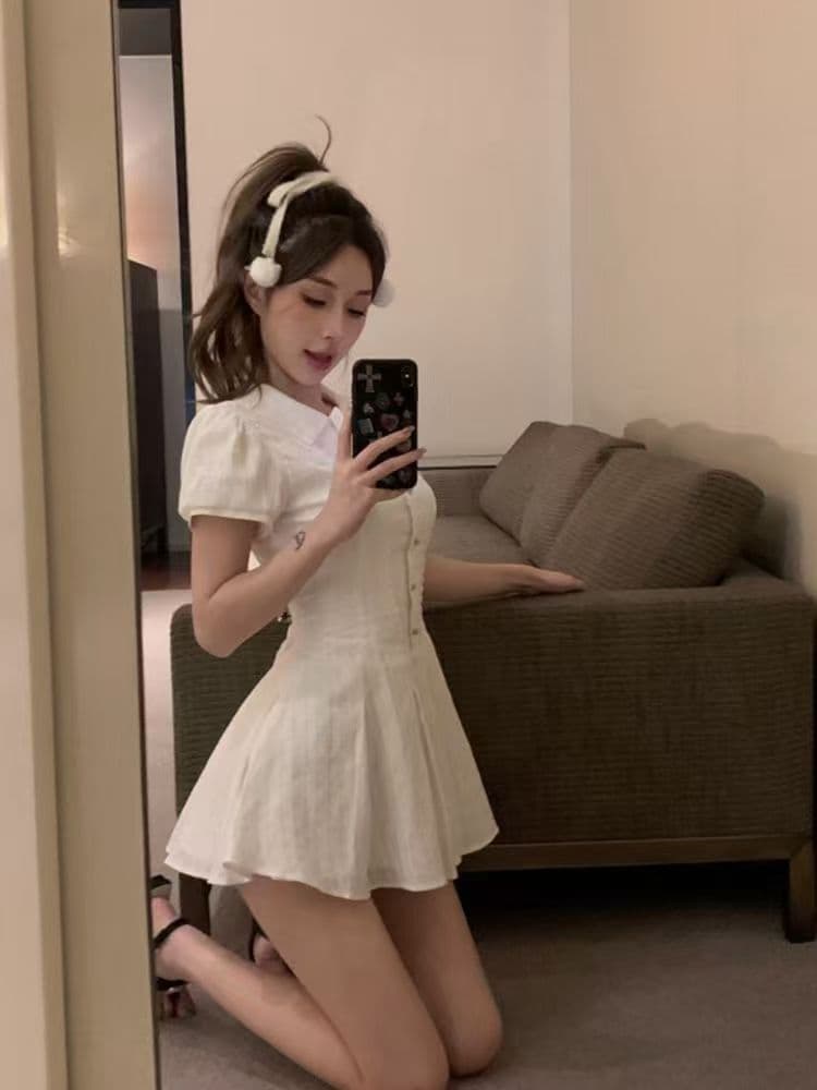 원본 것 달콤함 새로운 품격 셔츠 드레스 여름 허리 수축 작은 키 디자인 폴로 칼라 버블 미니 스커트 상세 이미지 9