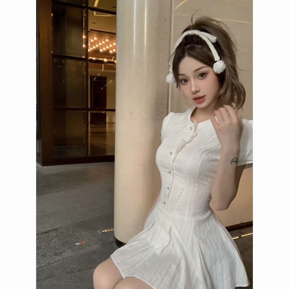 원본 것 달콤함 새로운 품격 셔츠 드레스 여름 허리 수축 작은 키 디자인 폴로 칼라 버블 미니 스커트 상세 이미지 10