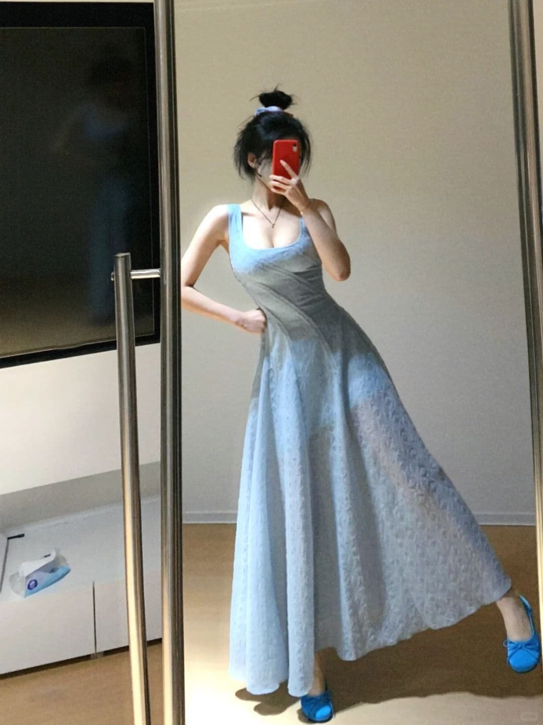 프랑스식 품격 파란색 레이스 슬립 여성 드레스 여름 새로운 해변가 휴가 바람 고유 한 아름다운 길다 치마 상세 이미지 3