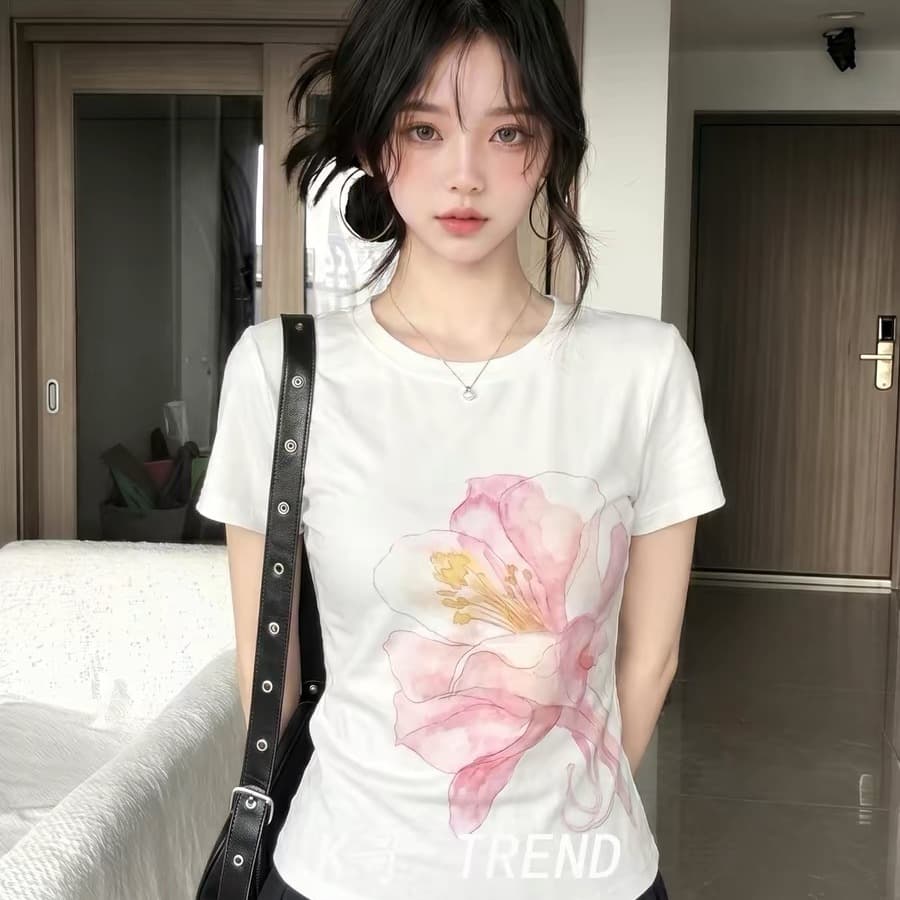 원본 것 순면 220 그램 40 음식 털 느낌 있음 신축성 프린트 몸매 가꾸기 허리 수축 반팔 티셔츠 여성