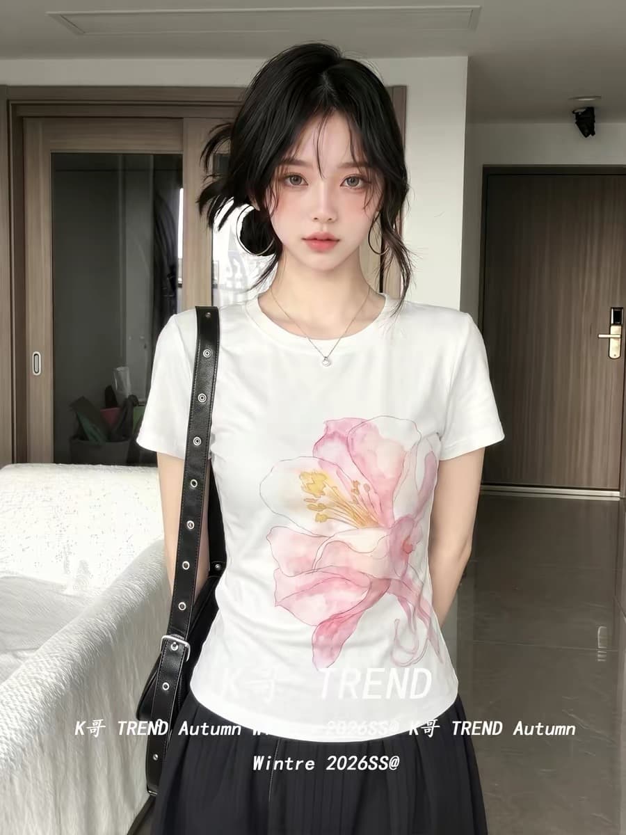 원본 것 순면 220 그램 40 음식 털 느낌 있음 신축성 프린트 몸매 가꾸기 허리 수축 반팔 티셔츠 여성 상세 이미지 3