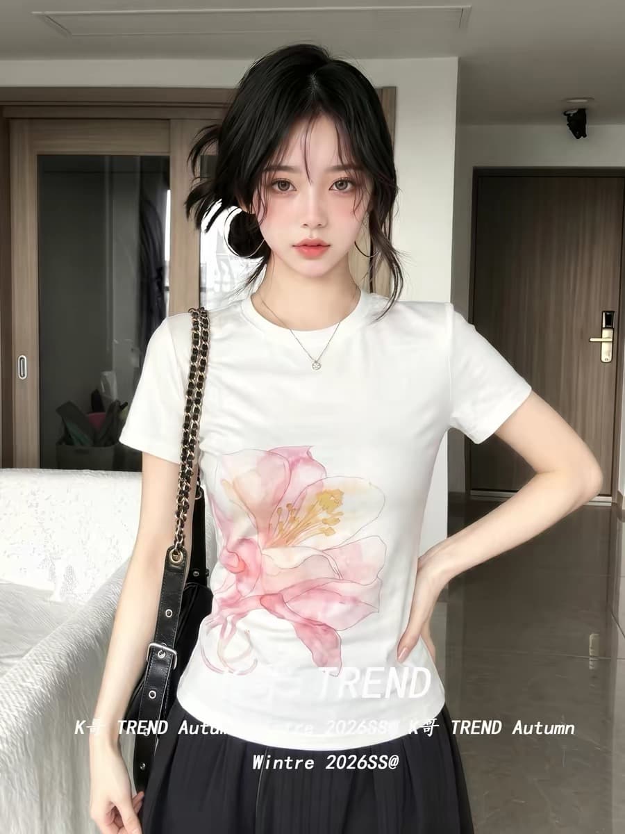원본 것 순면 220 그램 40 음식 털 느낌 있음 신축성 프린트 몸매 가꾸기 허리 수축 반팔 티셔츠 여성 상세 이미지 4