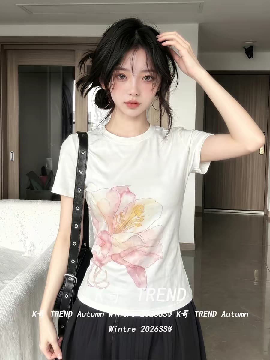 원본 것 순면 220 그램 40 음식 털 느낌 있음 신축성 프린트 몸매 가꾸기 허리 수축 반팔 티셔츠 여성 상세 이미지 5