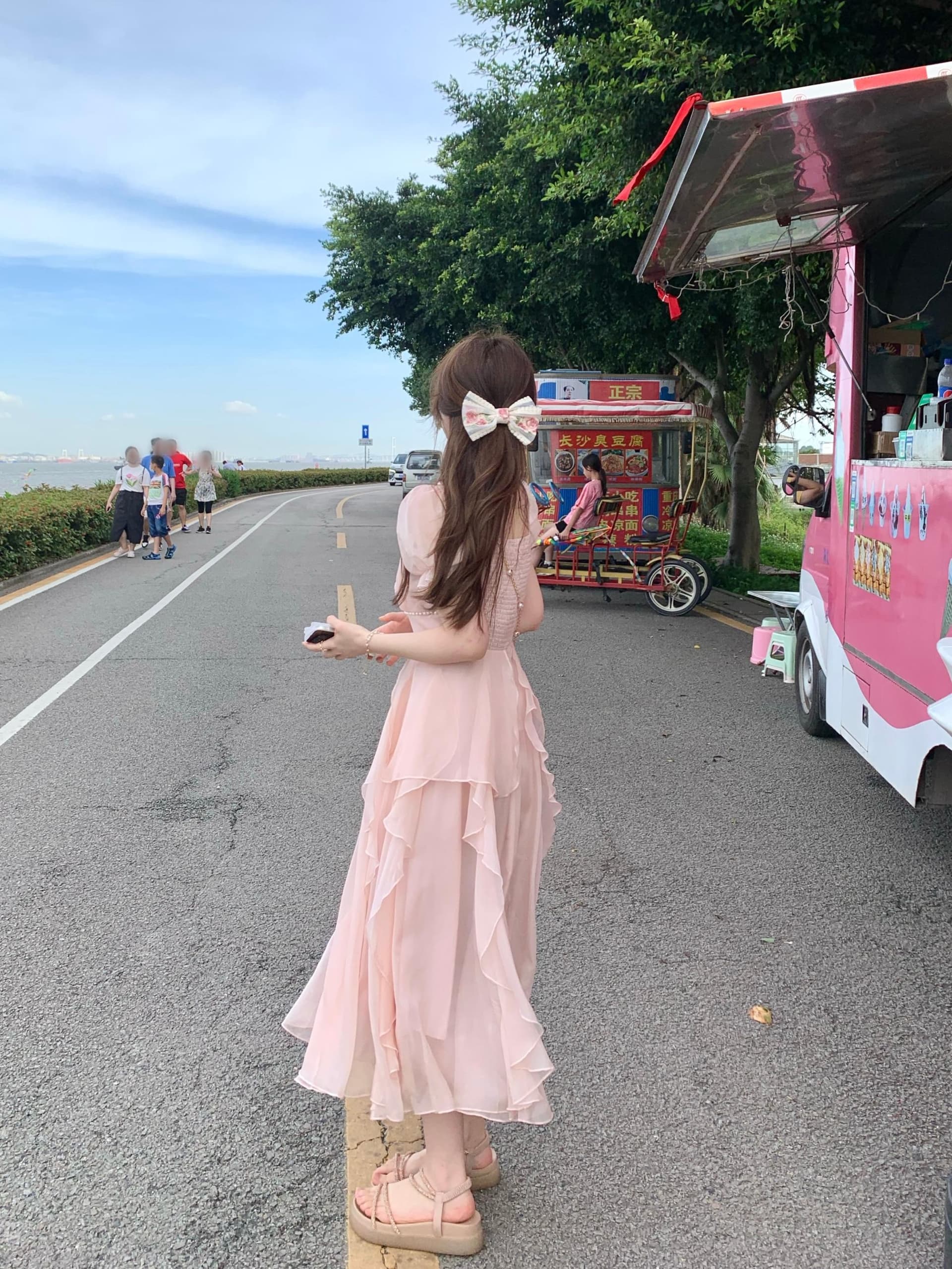 프랑스식 광장 칼라 달콤함 부드러운 요정 바람 여성 드레스 여름 새로운 여성 의류 허리 수축 슬림해 보이는 중간 길이 치마 상세 이미지 19