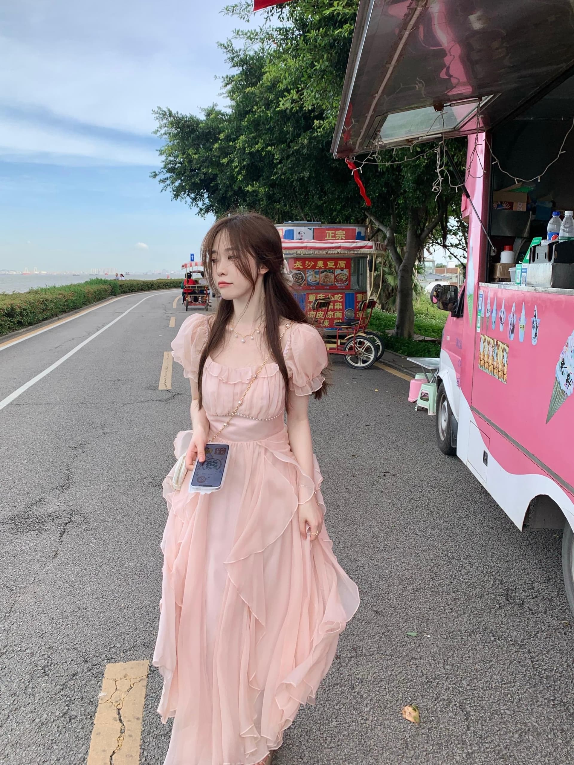 프랑스식 광장 칼라 달콤함 부드러운 요정 바람 여성 드레스 여름 새로운 여성 의류 허리 수축 슬림해 보이는 중간 길이 치마 상세 이미지 21