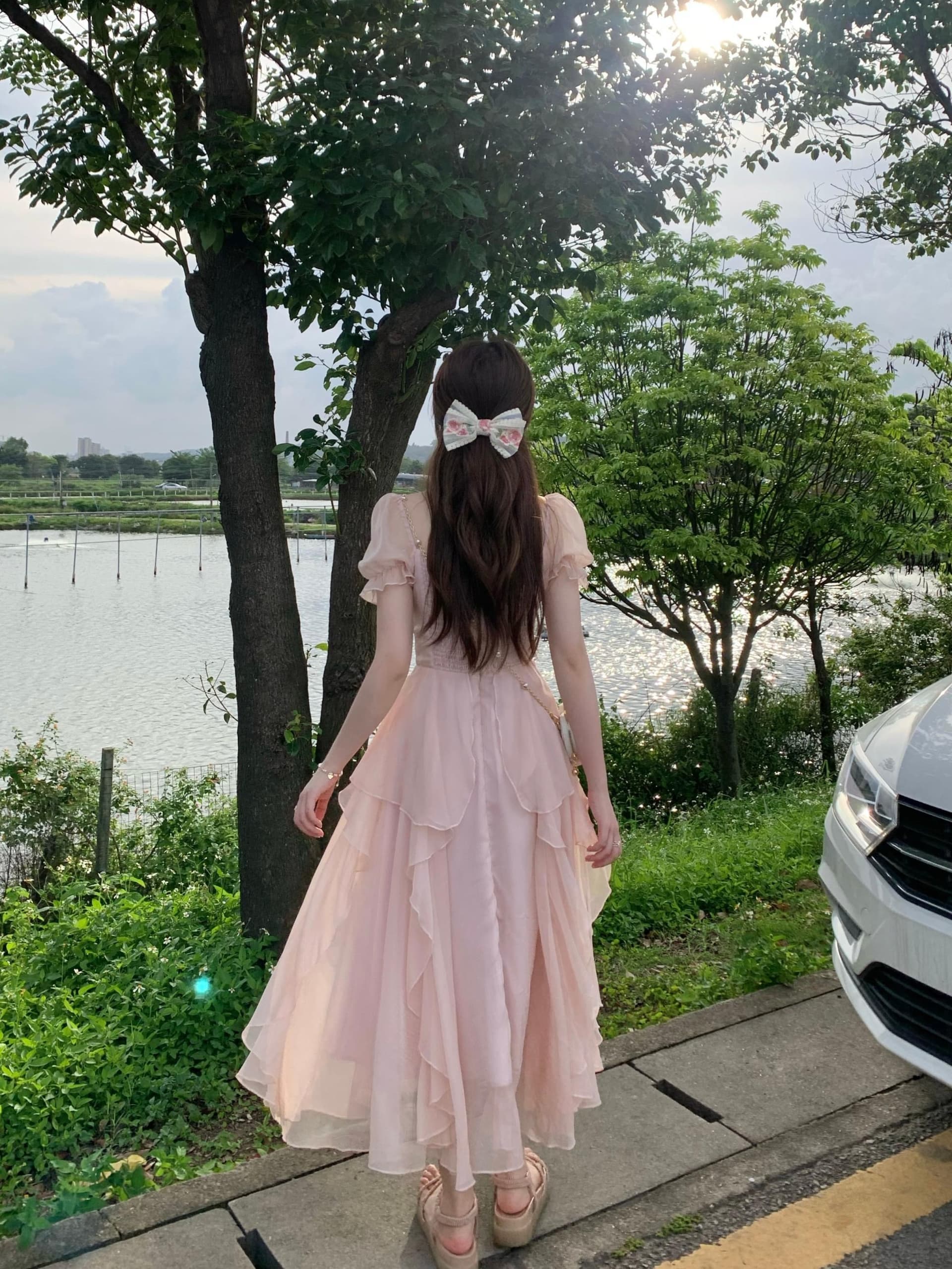 프랑스식 광장 칼라 달콤함 부드러운 요정 바람 여성 드레스 여름 새로운 여성 의류 허리 수축 슬림해 보이는 중간 길이 치마 상세 이미지 22