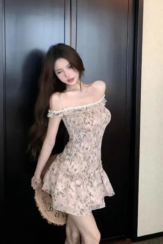 오프숄더 레트로 꽃무늬 민소매 여성 드레스 여름 프릴 몸매 가꾸기 치마 핫걸 허리 수축 한 마디 미니 스커트 이미지 6
