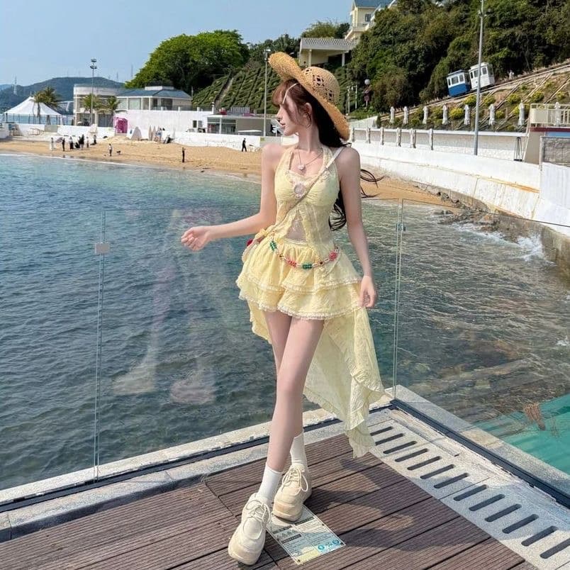 새로운 프랑스식 달콤함 순수한 욕망 휴가 바람 도트 무늬 레이스 레이스 디자인 불규칙 행침 목 투피스 세트 이미지 5