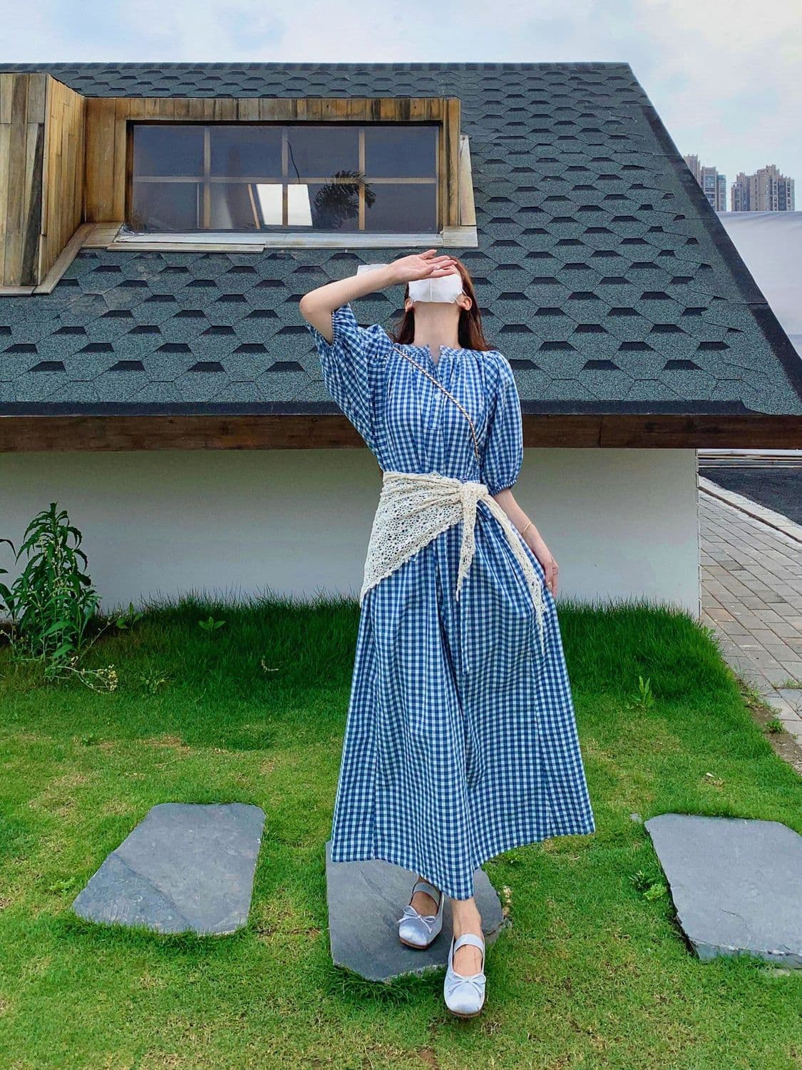여름 아름다운 작은 치마 고유 한 아름다운 수준 센스 빅 사이즈 파란색 체크무늬 거품 소매 여성 드레스 상세 이미지 8