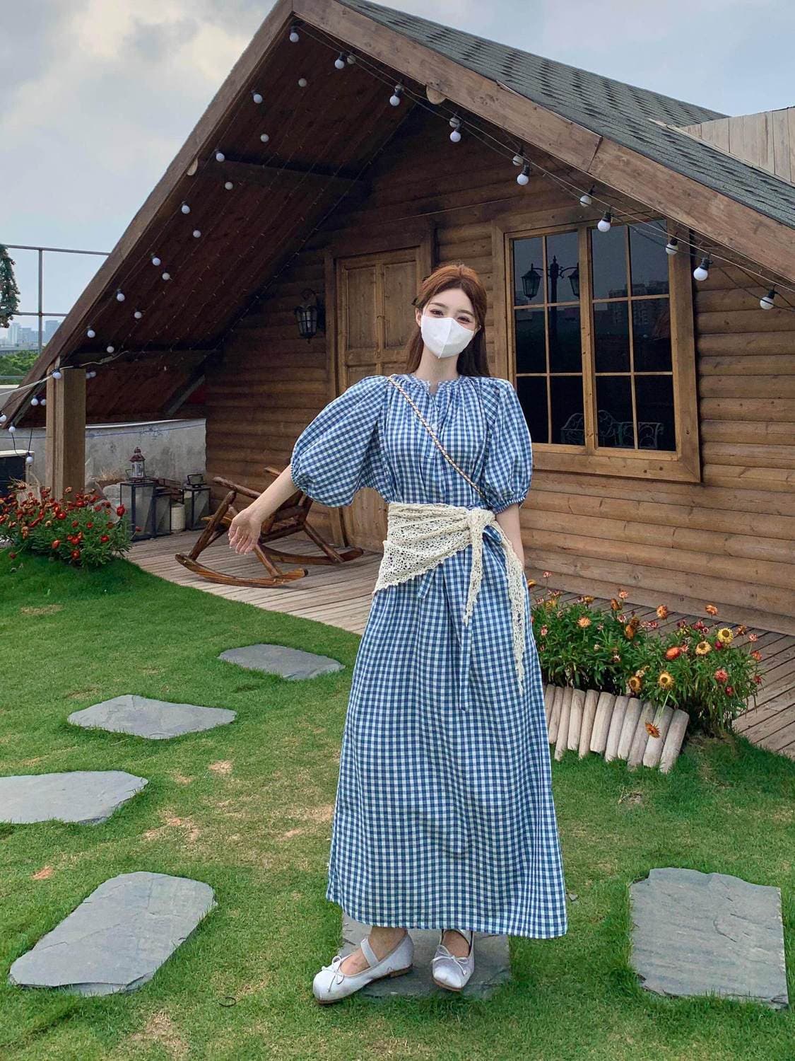 여름 아름다운 작은 치마 고유 한 아름다운 수준 센스 빅 사이즈 파란색 체크무늬 거품 소매 여성 드레스 상세 이미지 14