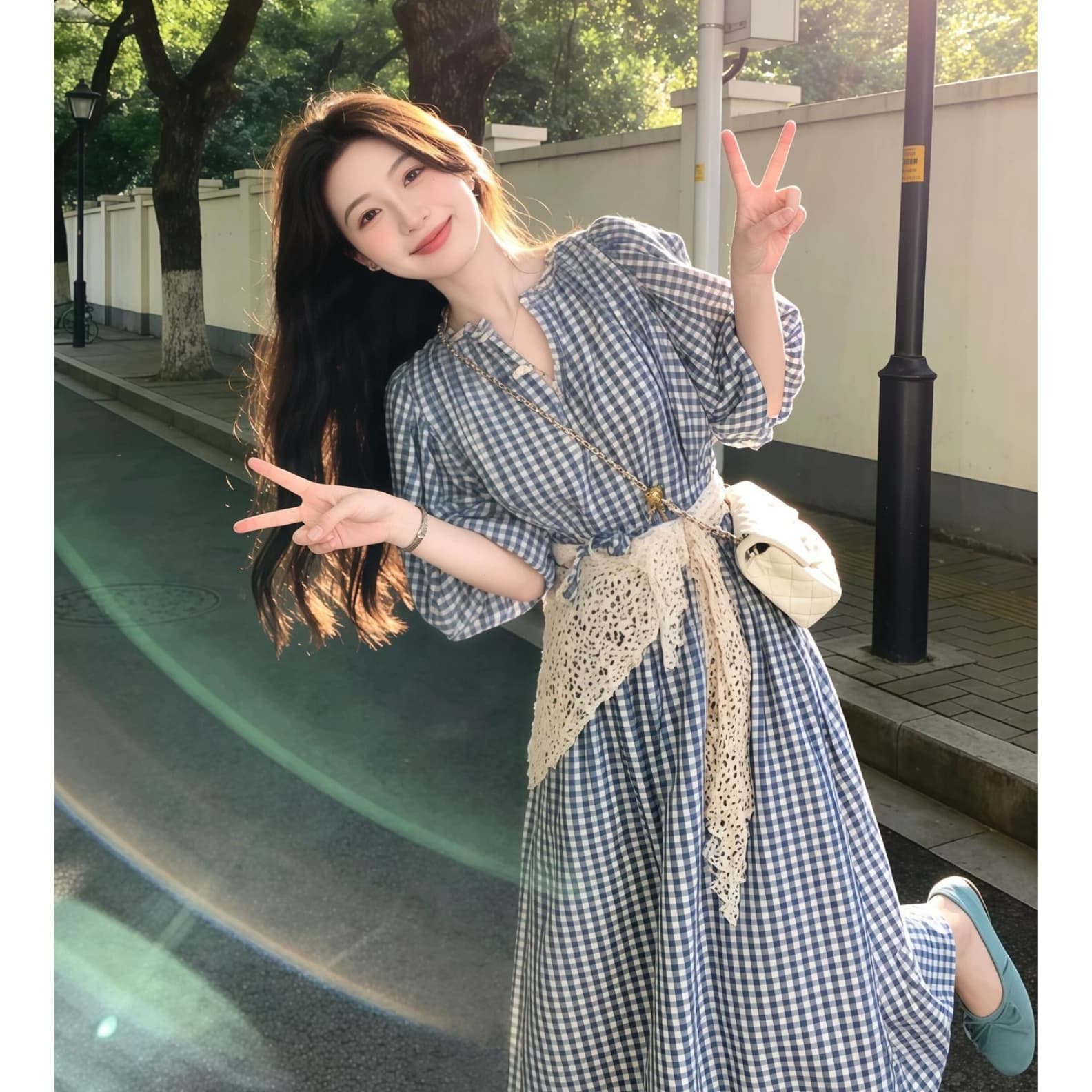 순수한 하얀 달빛 달콤한 스타일 파란색 체크무늬 여성 드레스 여름 일본식 미니멀리즘 학원 스타일 작은 키 요정 치마 이미지 3