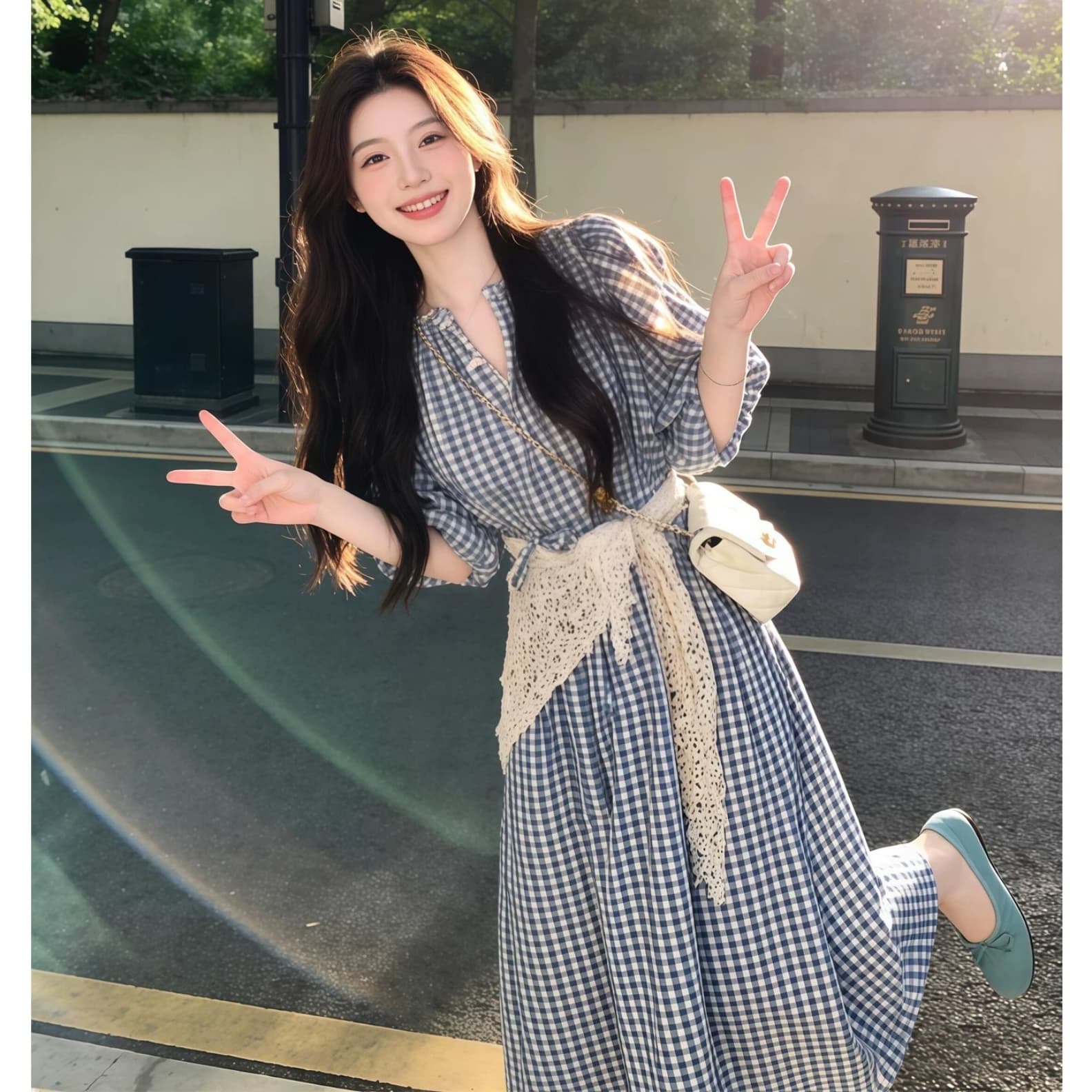순수한 하얀 달빛 달콤한 스타일 파란색 체크무늬 여성 드레스 여름 일본식 미니멀리즘 학원 스타일 작은 키 요정 치마 상세 이미지 6