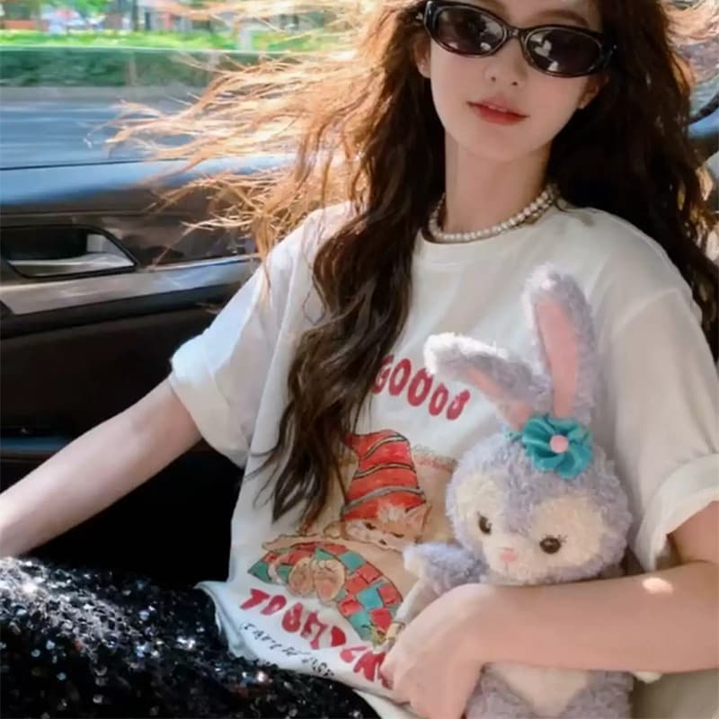 순면 이후 패키지 칼라 bm 조수 브랜드 인터넷 유명인 한국 스타일 하라주쿠 와이드 바람 소나무 맨위 캐주얼 프린트 연령 감소 반팔 티셔츠 여성 이미지 5