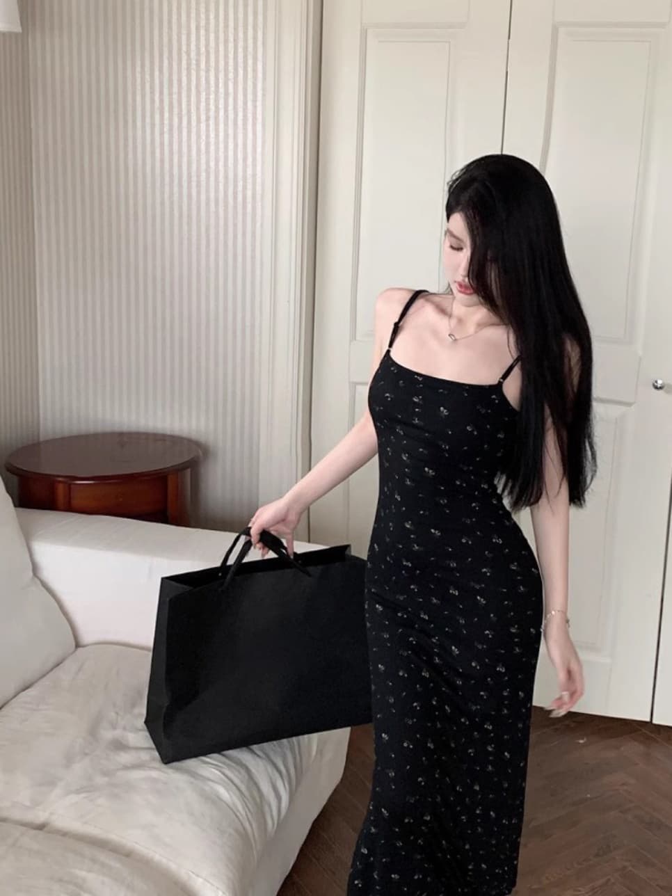 꽃무늬 슬립 여성 드레스 여름 핫걸 타이트 검정색 치마 허리 수축 섹시함 트임 타이트 스커트 롱 스커트