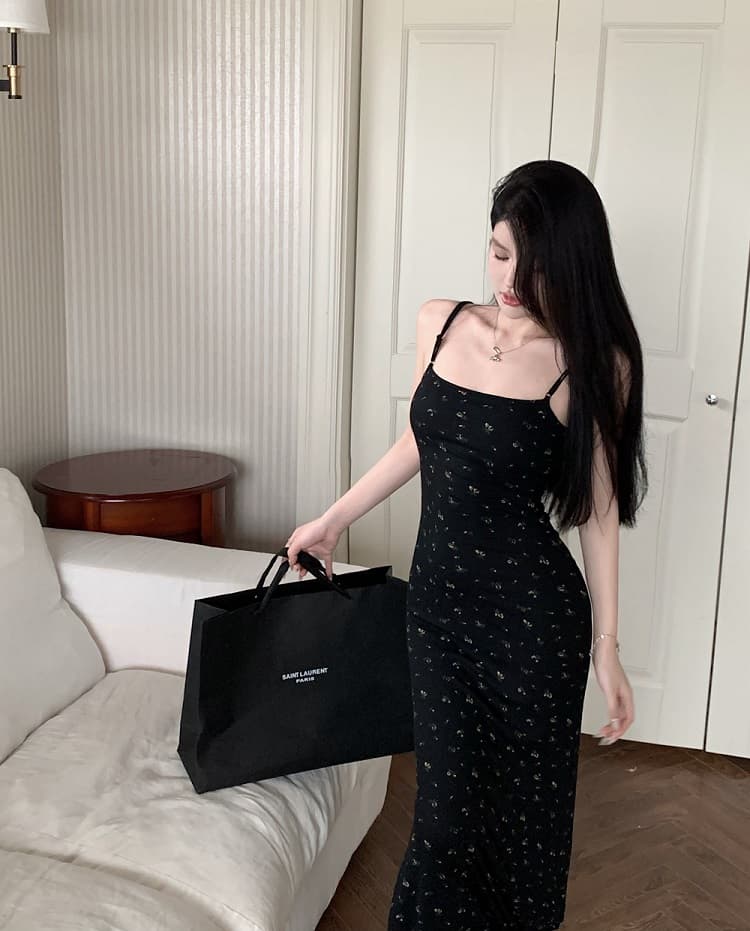 꽃무늬 슬립 여성 드레스 여름 핫걸 타이트 검정색 치마 허리 수축 섹시함 트임 타이트 스커트 롱 스커트 상세 이미지 3