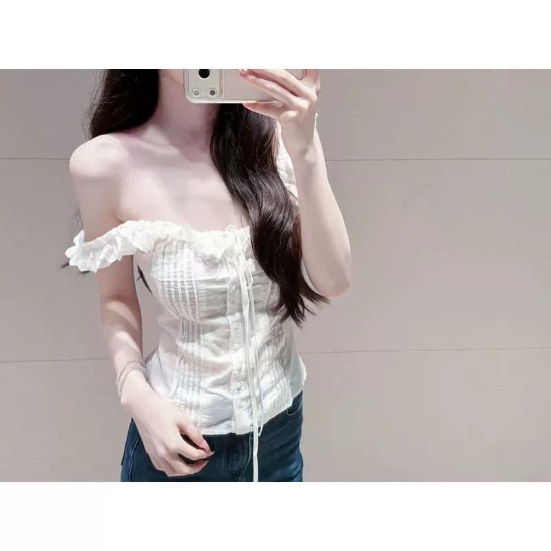 하드 너머 ~ 중 딜 리 슬립 펌프 로프 네클라인 노출 방지 수 있습니다. 보트넥 연꽃 잎 레이스 맨위 이미지 3