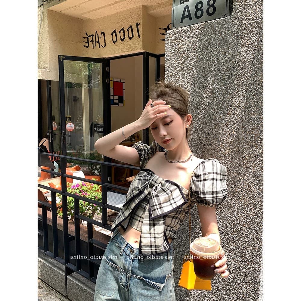 2026 여름 chic 달콤한 매운맛 바람 섹시한 여자 여름 체크무늬 아름다움 라드. 레트로 착용 가져 가라. 핫걸 작은 맨위 이미지 3