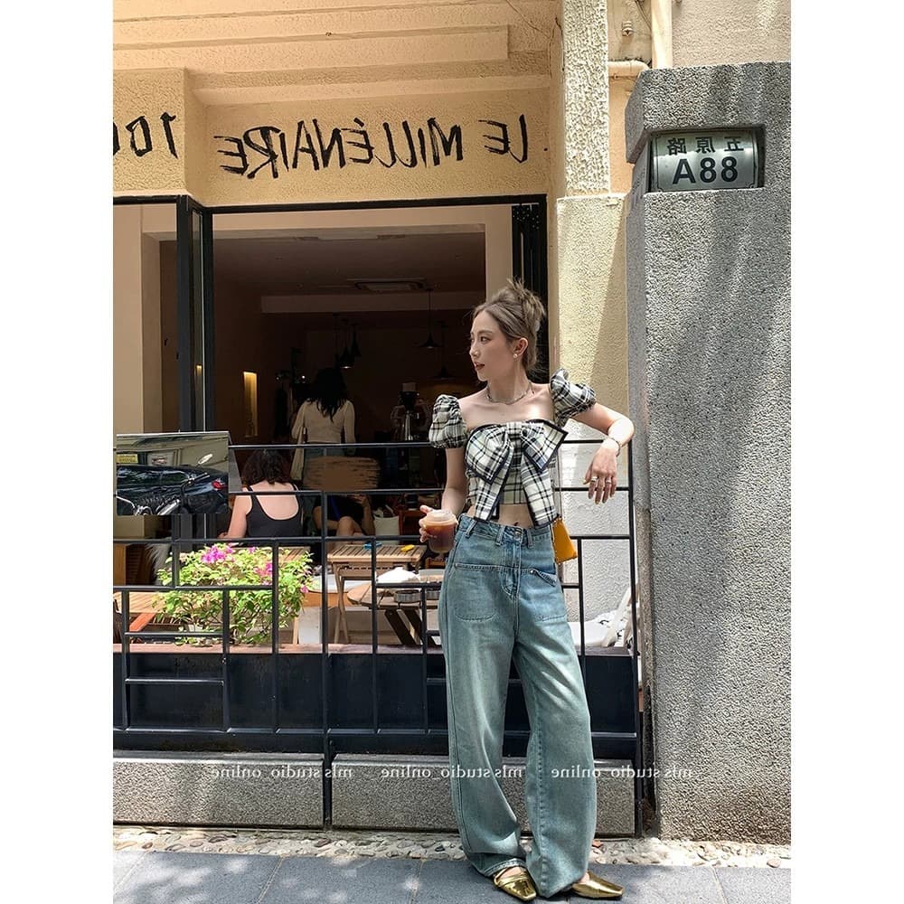 2026 여름 chic 달콤한 매운맛 바람 섹시한 여자 여름 체크무늬 아름다움 라드. 레트로 착용 가져 가라. 핫걸 작은 맨위 이미지 5