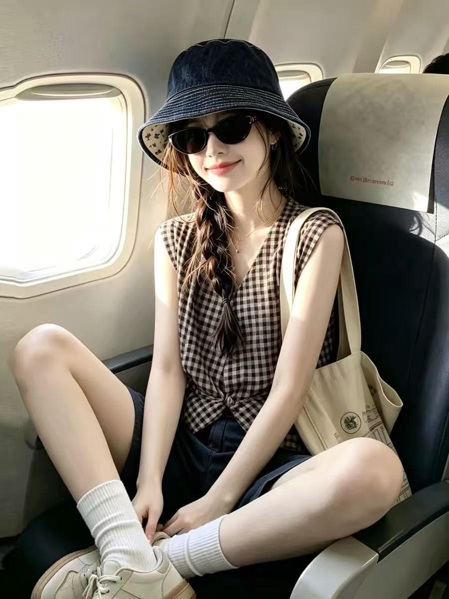 올해 아름다운 체크무늬 민소매 여성 셔츠 여름 2026 새로운 슈퍼 잘 생긴 연령 감소 다용도 허리 수축 V넥 맨위 상세 이미지 6