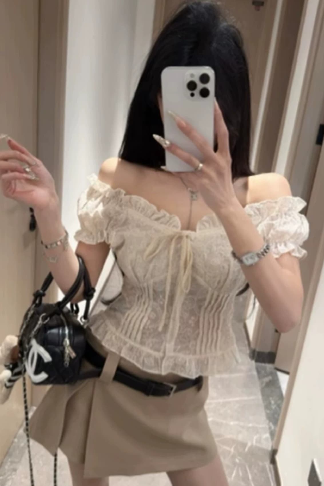 한 스타일 순수한 욕망 바람 오프숄더 거품 소매 레이스 셔츠 여성 여름 몸매 가꾸기 슬림해 보이는 섹시함 달콤함 스트랩 자수 맨위 이미지 7